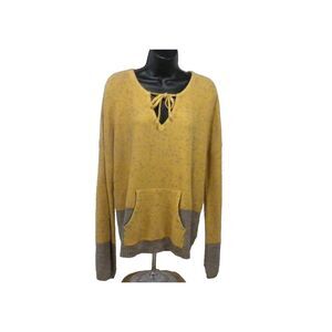 Prana Womens Sweater L Yellow Gray Crystal Beach Baja Style Bell Sleeve Kangaroo